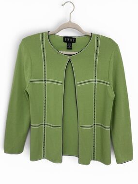 Finity Lime Green Knit Cardigan Sweater – Black & White Trim | Size Medium